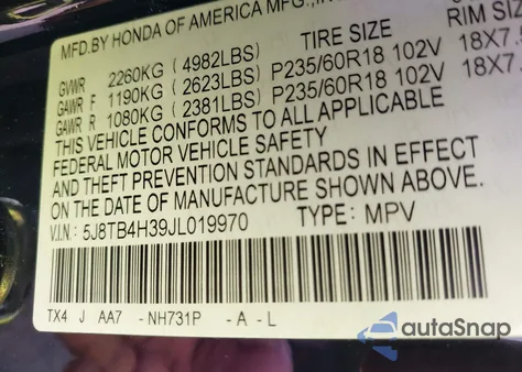 2018 Acura Rdx Acurawatch Plus Package from USA, damaged, VIN 5J8TB4H39JL019970